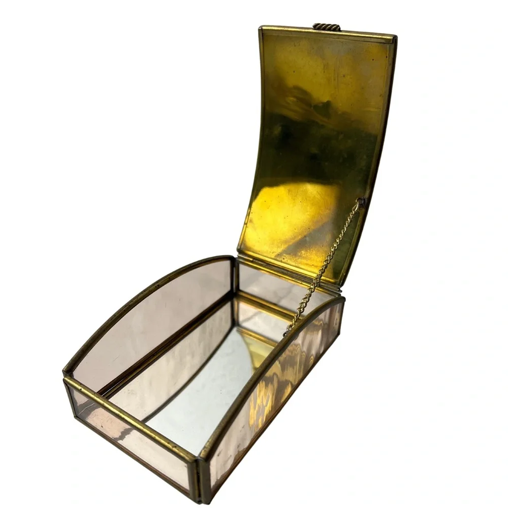 Vintage Brass Glass Jewelry Beveled Trinket Box Collectible Bessie Pease Gutmann